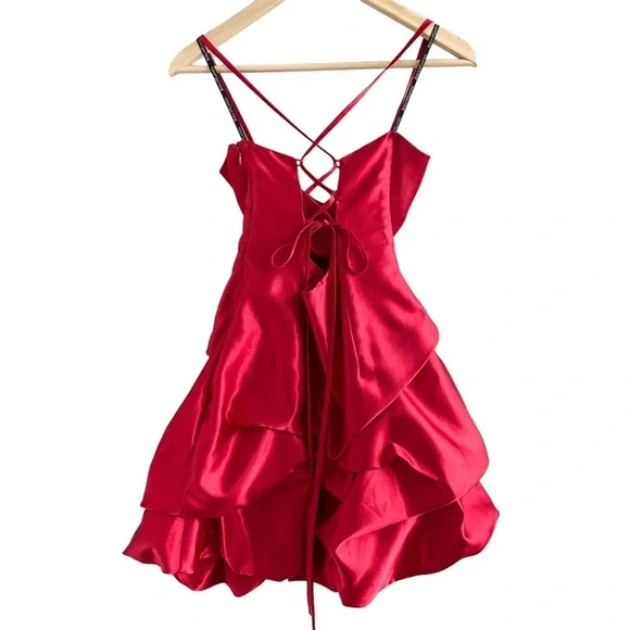 Jessica McClintock for Gunne Sax Red Bubble Dress String Crisscross Back - Picture 4 of 14